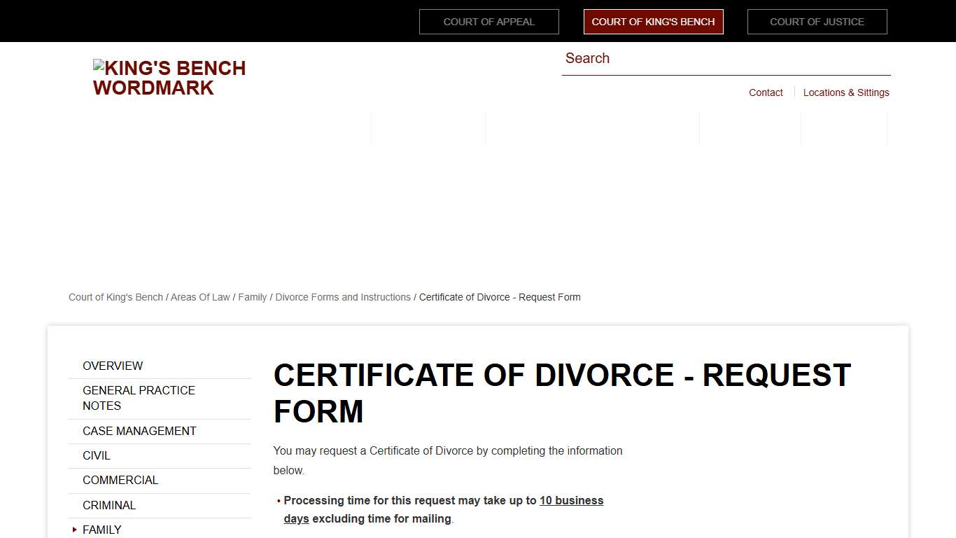 Certificate of Divorce - Request Form